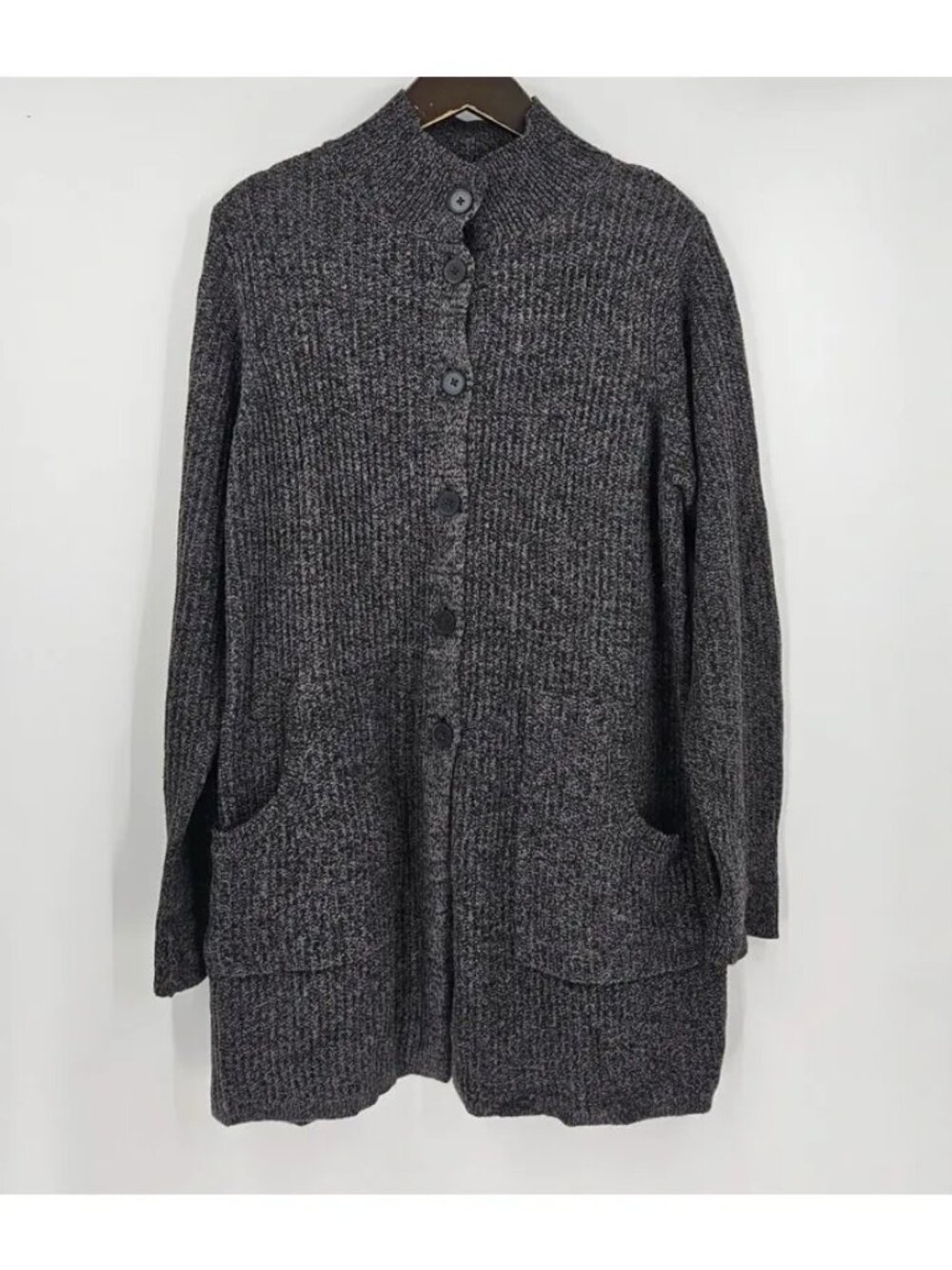 J.Jill Petite M Charcoal Marled Longline Button-Front Cardigan Sweater